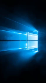 Glowing blue window icon emits volumetric light into dark void