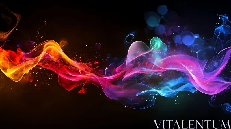 Chromatic light ribbons twist across a deep black void