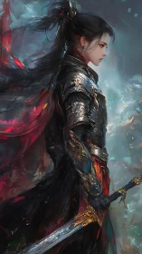 Side-profile warrior heroine in ornate black lamellar armor