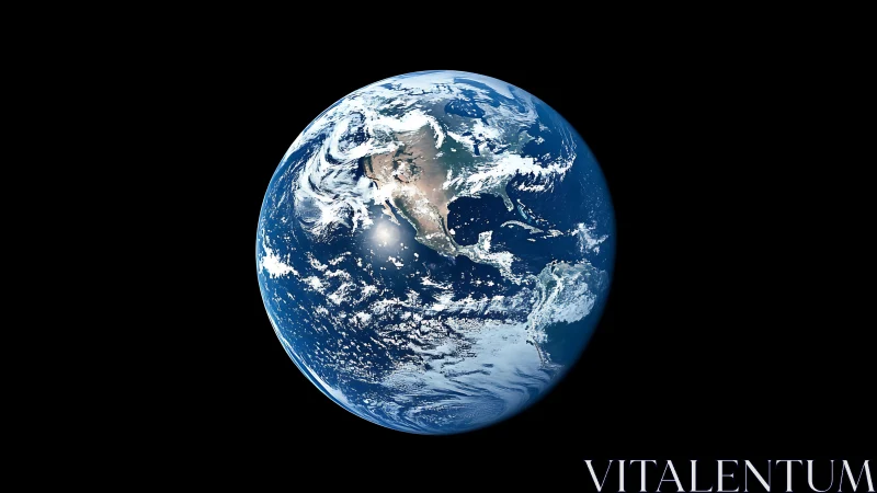 Earth from space with sharp cloud bands and deep oceans.