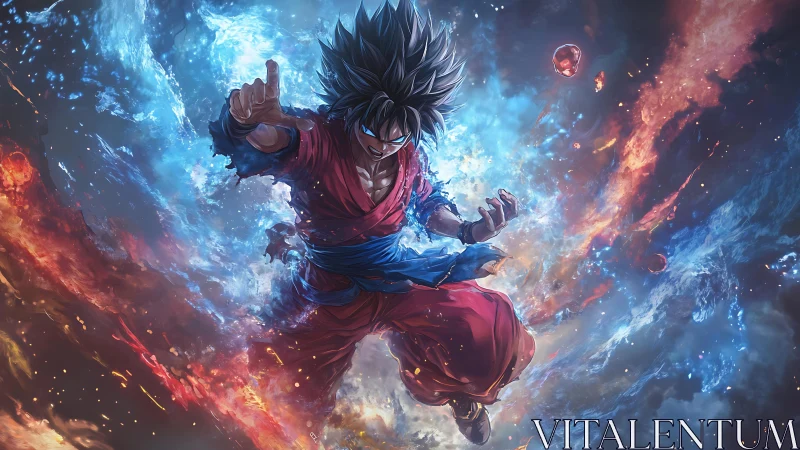 Energetic anime warrior suspended in fiery and icy vortex