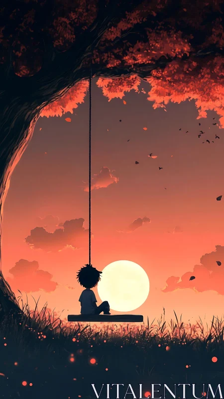Boy on twilight swing silhouetted against rising moon.