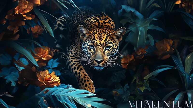 Leopard Portrait in Nocturnal Jungle Setting with Blue and Gold Illumination.
