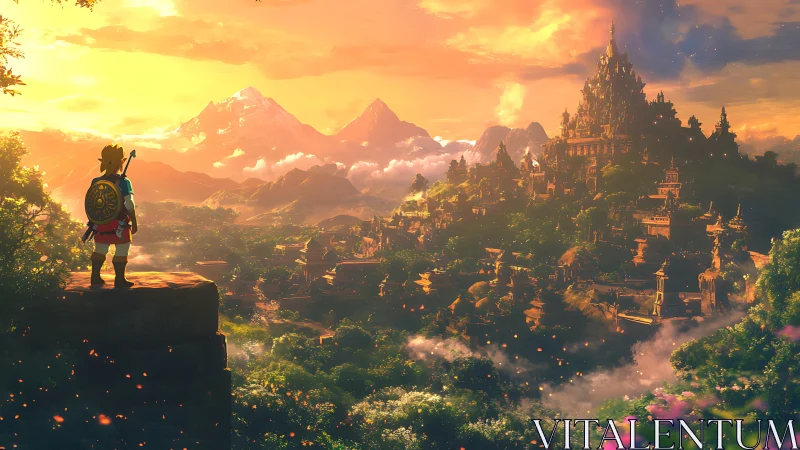 Sunlit hero gazes toward a glowing mountain kingdom.