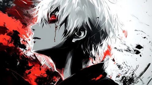 White haired figure with red eye in stark ink splatter profile.