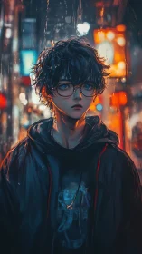 Neon rain hums softly around the glassy‑eyed night wanderer