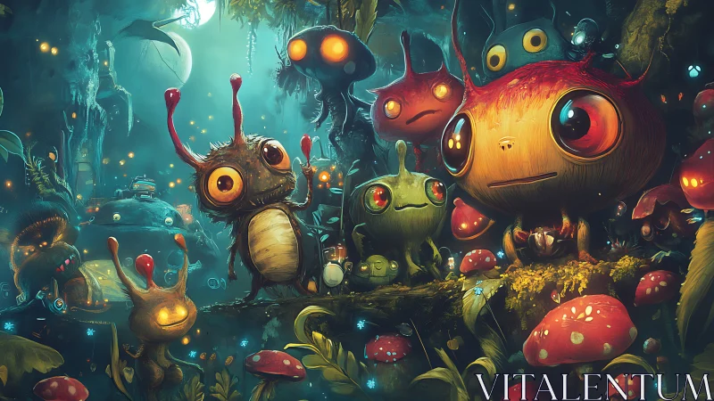 Luminescent forest creatures gather under a glowing moon.