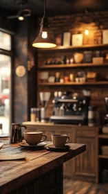Coffee cups rest on wooden counter in warm interior