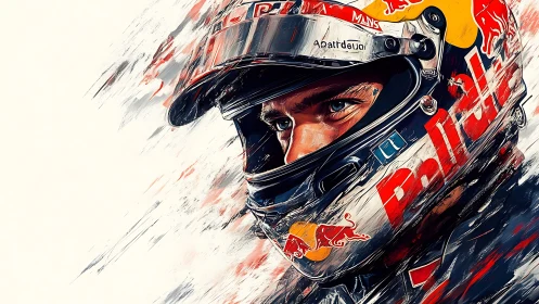Dynamic motorsport helmet portrait in kinetic digital strokes.