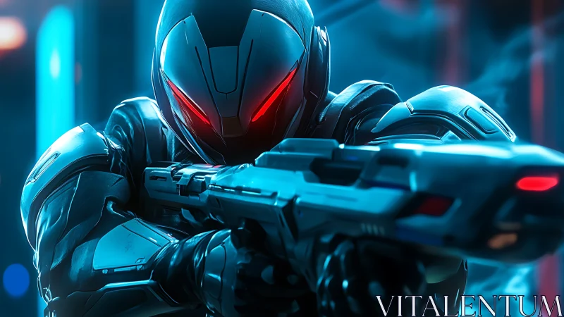 Futuristic armored sniper poised in neon city glow.