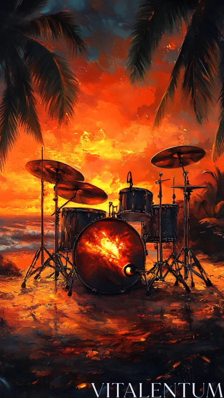 Drum kit ignites sunset beach under burning tropical sky.