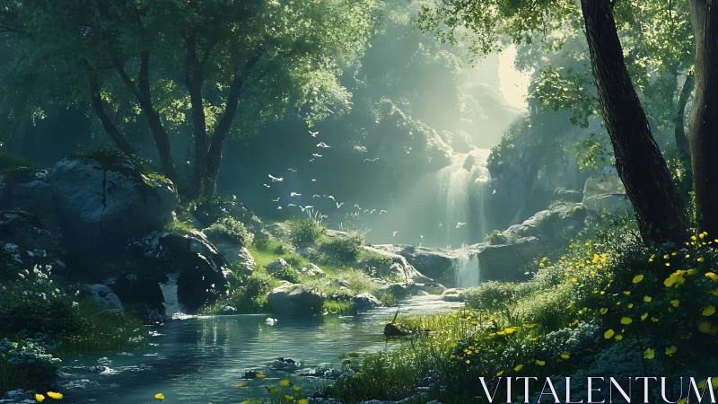 Stylized forest landscape with waterfall and flowering creek