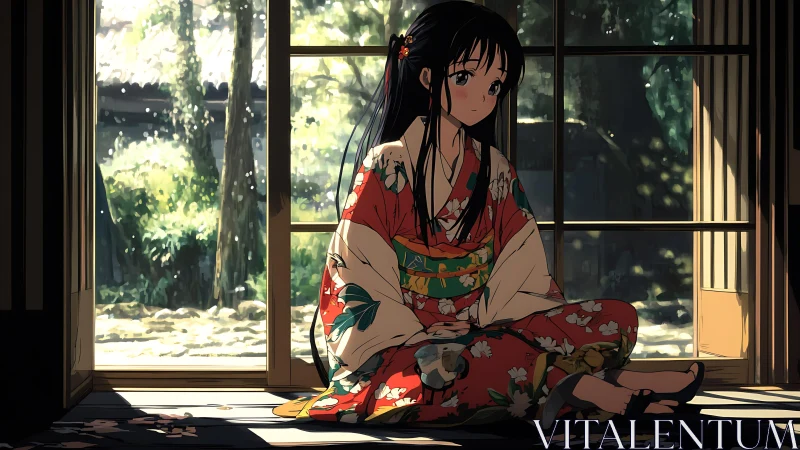 Quiet kimono daydream by a sunlit garden doorway window.