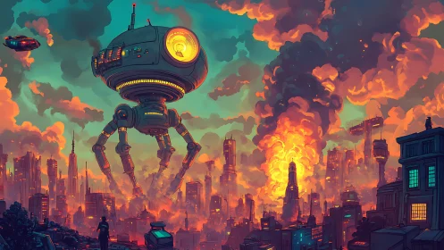 Gigantic tripod assault drone over neon-lit burning megacity