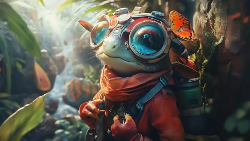 Adventurous frog explorer with bright goggles in the jungle.