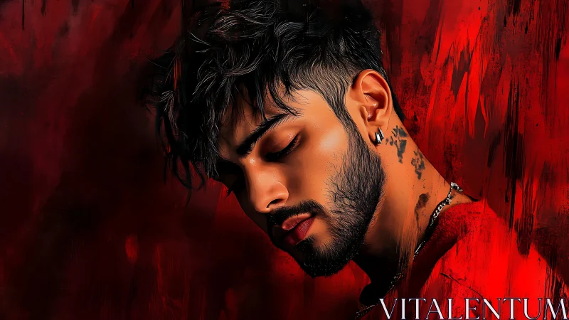 Male portrait shows downward gaze against textured red backdrop