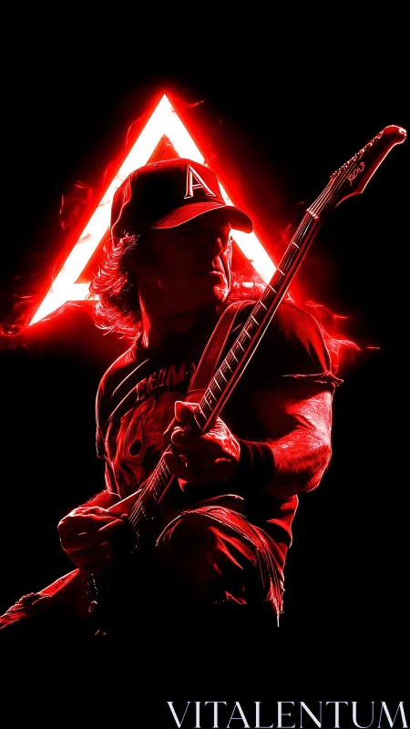 Red neon guitar hero ignites a blazing triangular stage aura.