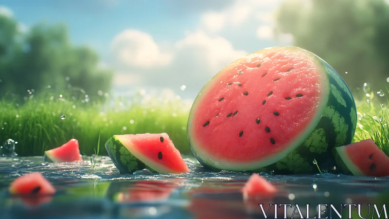 Watermelon slices on wet grass under soft outdoor light.