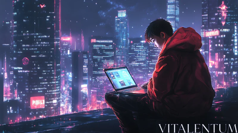 Neon rooftop coder bends a glowing city to quiet code spells.