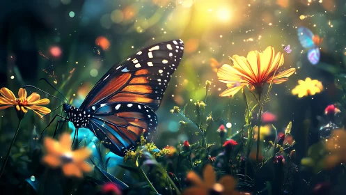 Macro butterfly illuminated against dreamy bokeh garden light