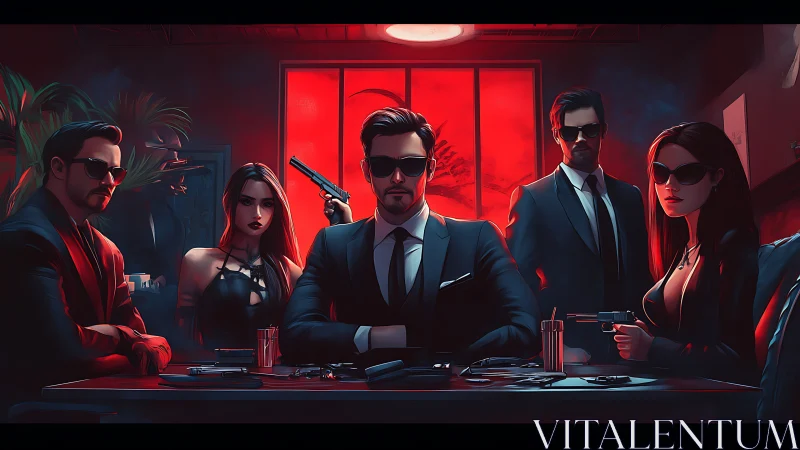 Velvet underworld council broods beneath crimson neon glow.