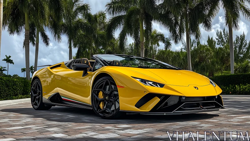 Yellow supercar roadster under palm-lined luxury driveway.