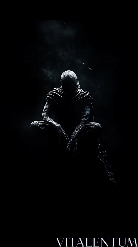 Hooded humanoid figure in dark atmospheric environment.