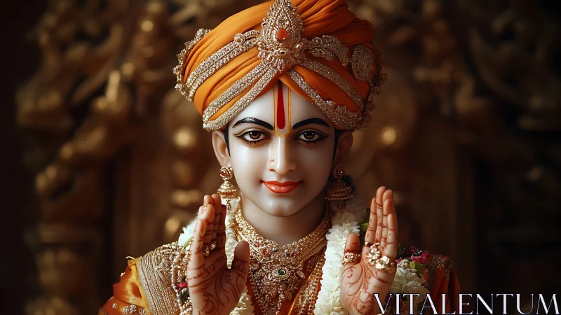 Photorealistic devotional portrait with ornate frontal symmetry.