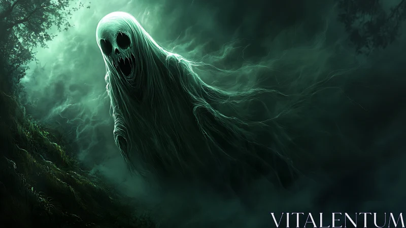 Haunting spectral wraith drifts through an eerie forest mist