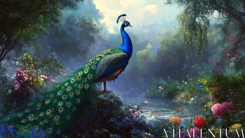 Majestic peacock overlooking luminous forest river scene.