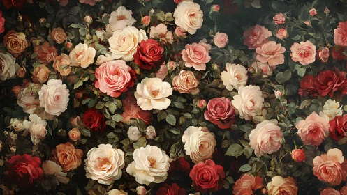 Velvet Rose Symphony: Blooms Dancing in Emerald Twilight.