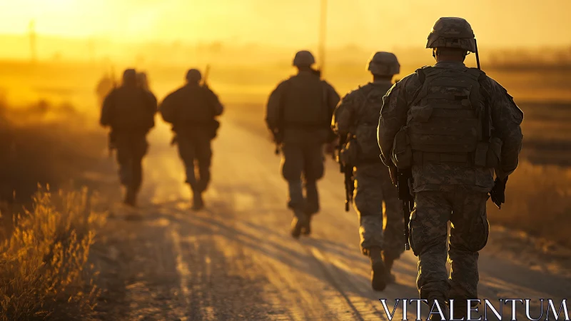 Soldiers walking on dusty road at sunset in rural terrain.