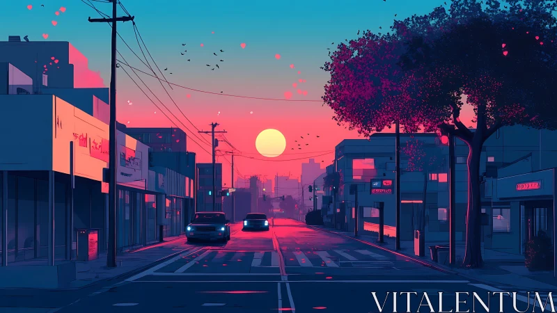 Calm city street glowing in soft neon evening sunset light.