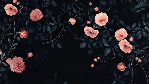 Dark Floral Roses with Blush Pink Blooms Against Deep Black.