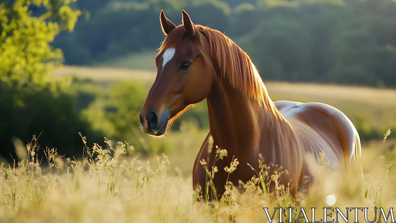 Chestnut horse stands in tall sunlit grassland field