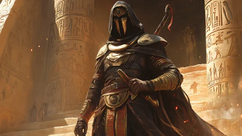 Armored desert sentinel in hieroglyphic temple light, dynamic pose