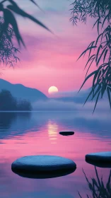 Soft sunrise over tranquil stepping stones on still lake.