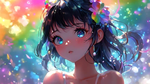 Stargazed girl in a rainbow dream of drifting light.