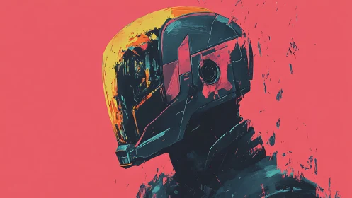 Neon-splashed cyber helmet portrait pulses against pink void