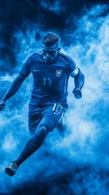 Dynamic blue-tinted footballer sprinting through dense smoke