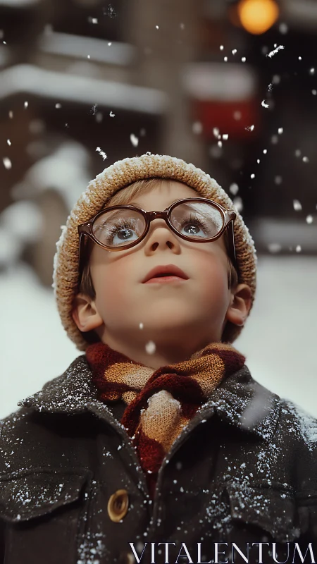 Snow-dazed wonder kid under a first flurry sky.