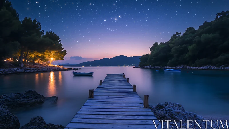 Wooden pier extends into calm bay under twilight sky