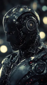 Chrome sentient android in moody cinematic profile light.