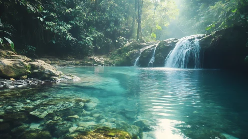 Small tropical waterfall flows into clear turquoise pool