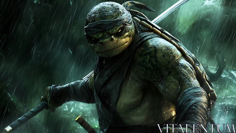Fearless turtle warrior stands strong in the stormy rain.