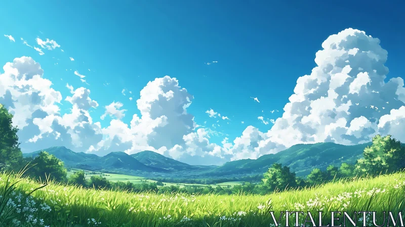 Sunlit meadow and rolling hills under towering summer clouds.