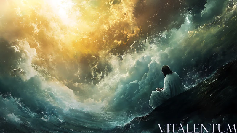 Solitary robed figure contemplates stormlit celestial sea