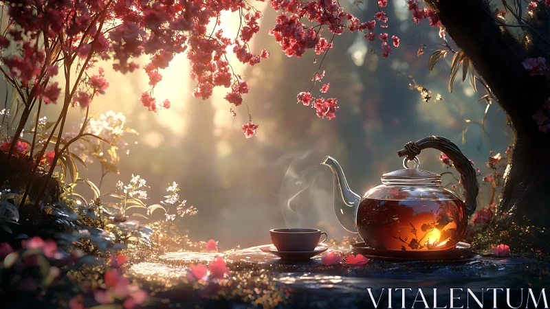 Twilight tea ritual beneath glowing cherry blossoms.