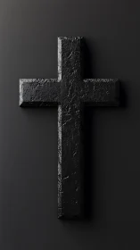 Matte black cross with high-relief textured surface on dark ground