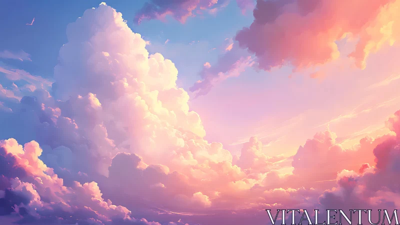 Radiant sunset cloudscape in luminous pastel sky painting.